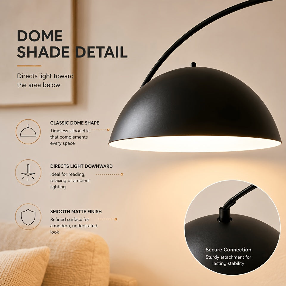 Lampadaire arc noir mat, dôme métal Ø 30 cm et portée réglable
