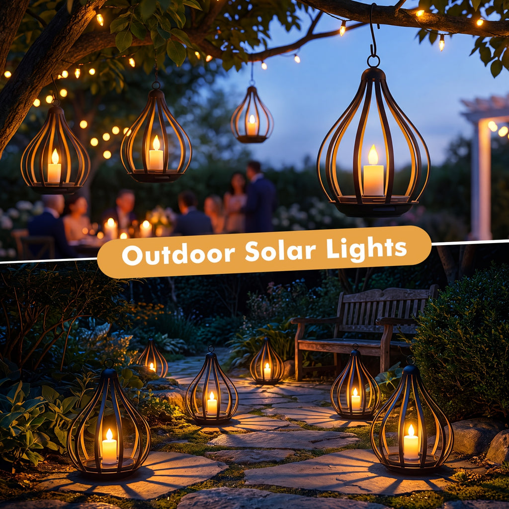 Lanterne solaire goutte en métal noir, bougie LED vacillante, IP65