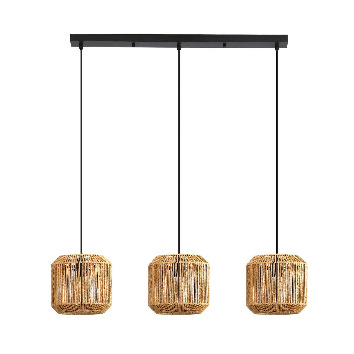 Suspension 3 lumières tressée, barre noire de 71 cm, douilles E27