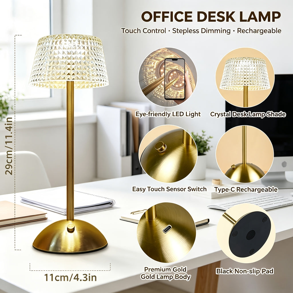 Lampe de bureau LED sans fil, abat-jour acrylique taillé et pied doré