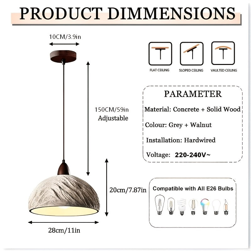 Suspension dôme effet ciment texturé et bois, Ø 28 cm, E27