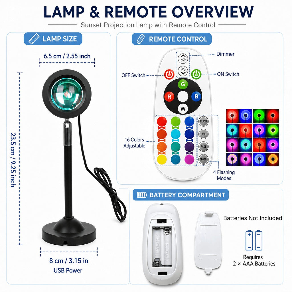 Lampe projecteur coucher de soleil orientable à 180°, 16 couleurs