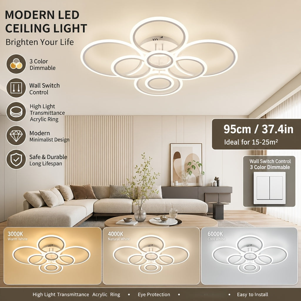 Plafonnier LED multi-anneaux Ø 79 ou 95 cm, blanc, noir ou doré