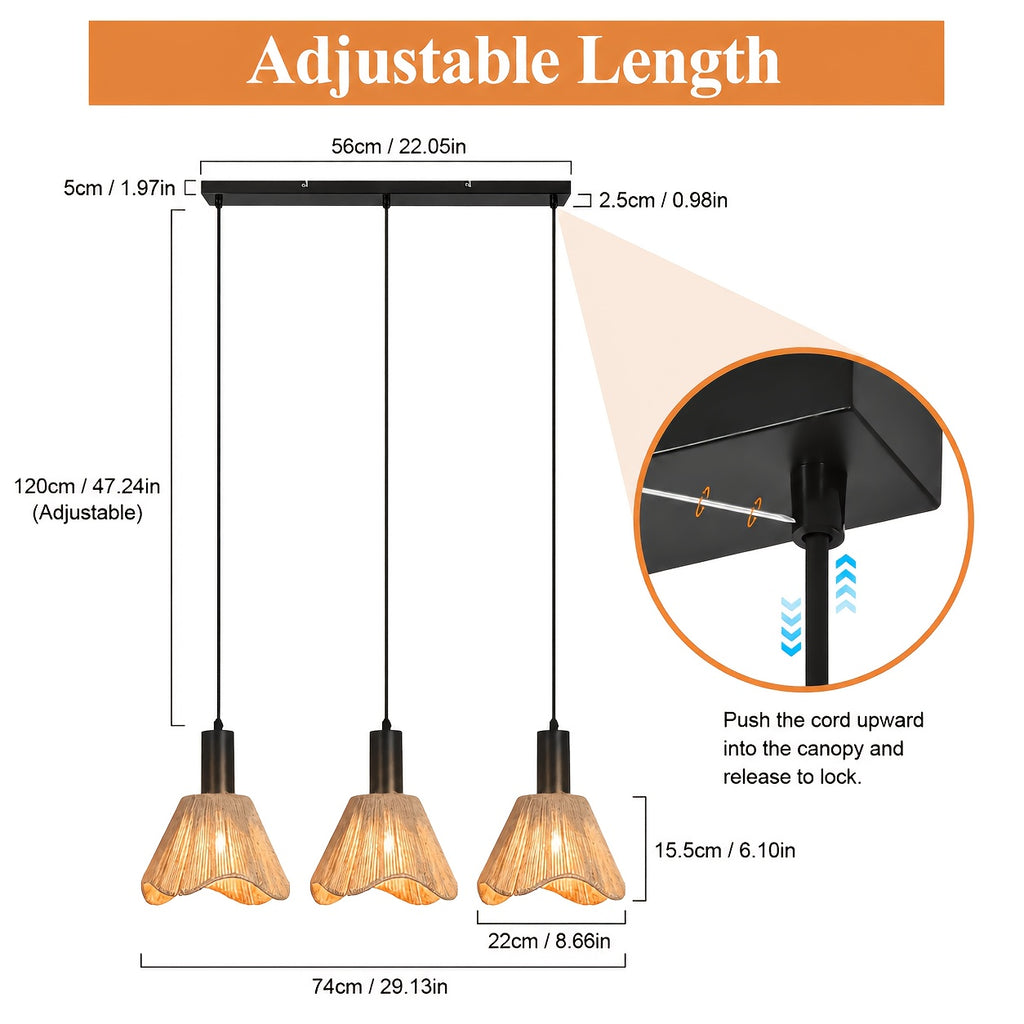 Suspension 3 abat-jour ondulés en corde de papier, barre de 56 cm