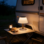 Lampe de table solaire abat-jour blanc et pied argenté, IP44