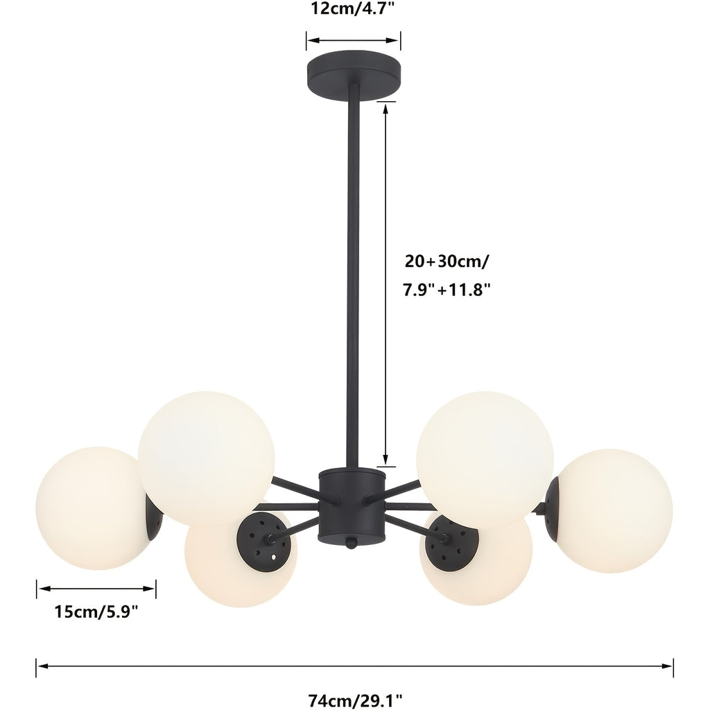 Lustre 6 globes en verre sur tige, noir ou doré, 74 cm de large