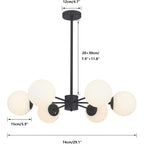 Lustre 6 globes en verre sur tige, noir ou doré, 74 cm de large