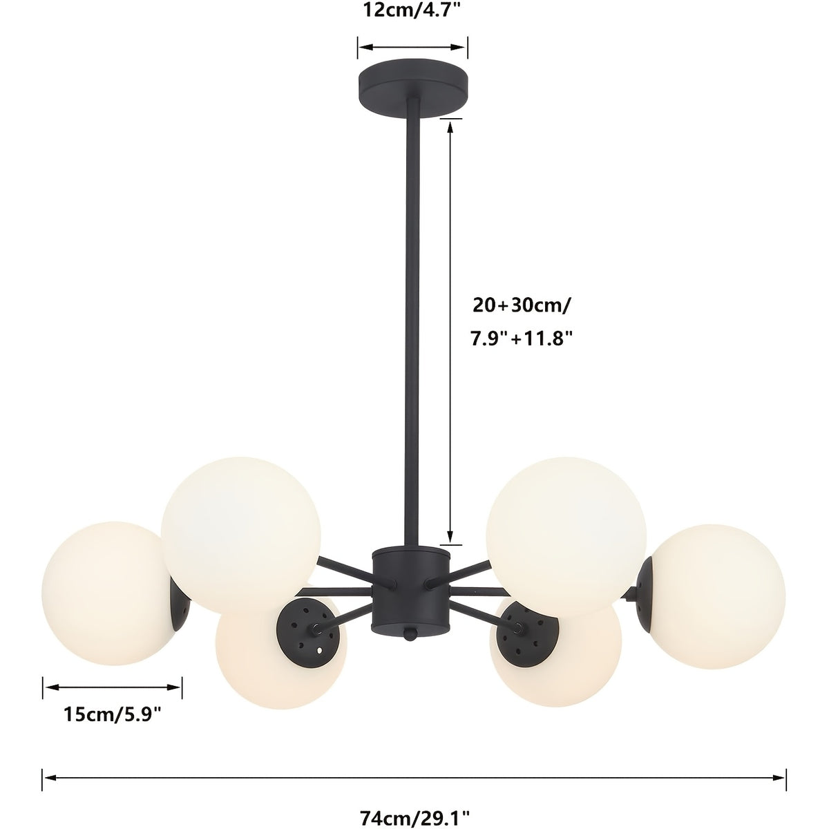 Lustre 6 globes en verre sur tige, noir ou doré, 74 cm de large