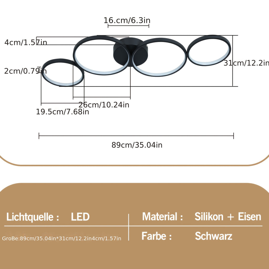 Plafonnier LED 4 anneaux noir ou blanc, 88 ou 100 cm, ou suspendu