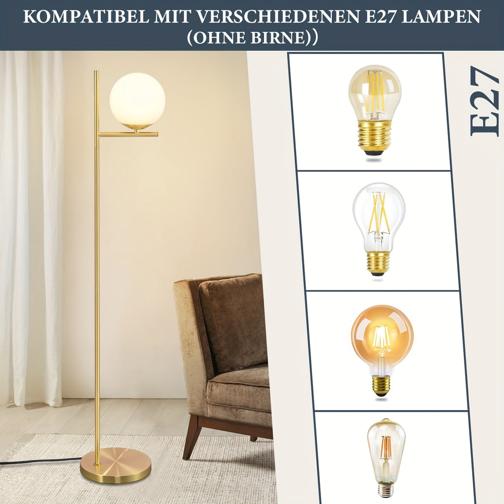 Lampadaire à grand globe en verre blanc, noir mat ou doré, 150 cm