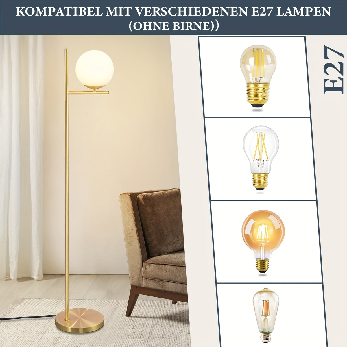 Lampadaire à grand globe en verre blanc, noir mat ou doré, 150 cm