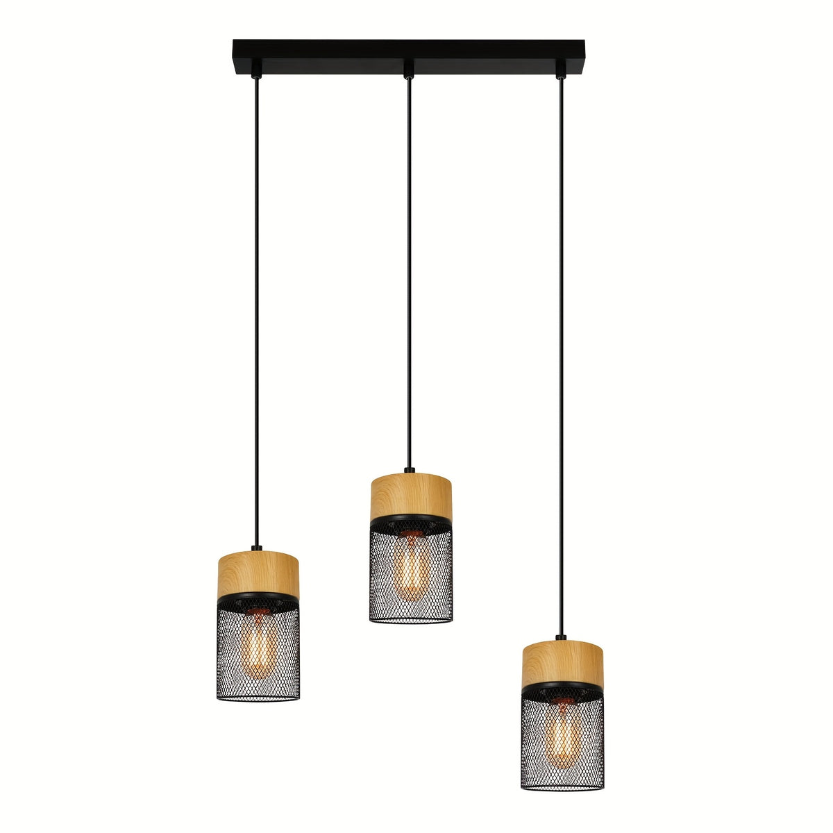 Suspension 3 cylindres grillagés effet bois, douille E27