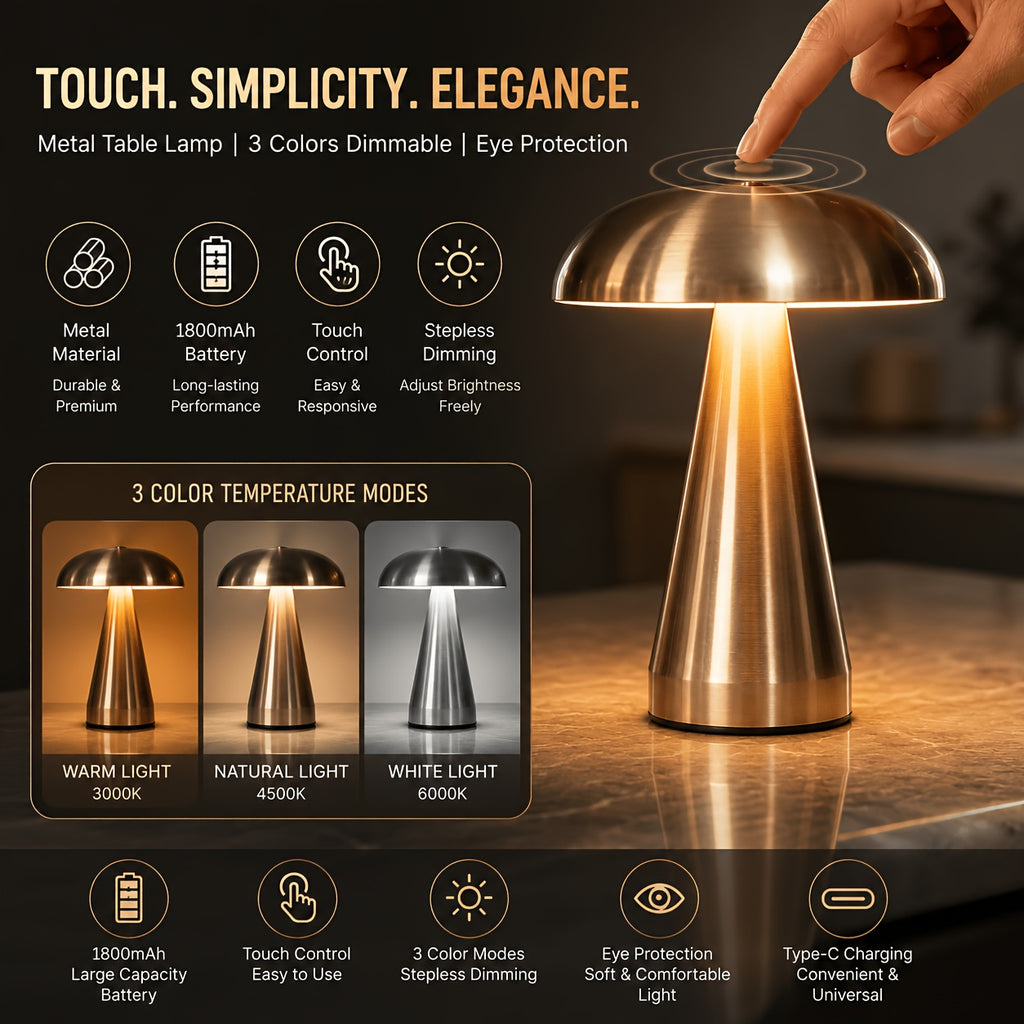 Lampe champignon sans fil en métal, 20,5 cm, 3 teintes et variateur