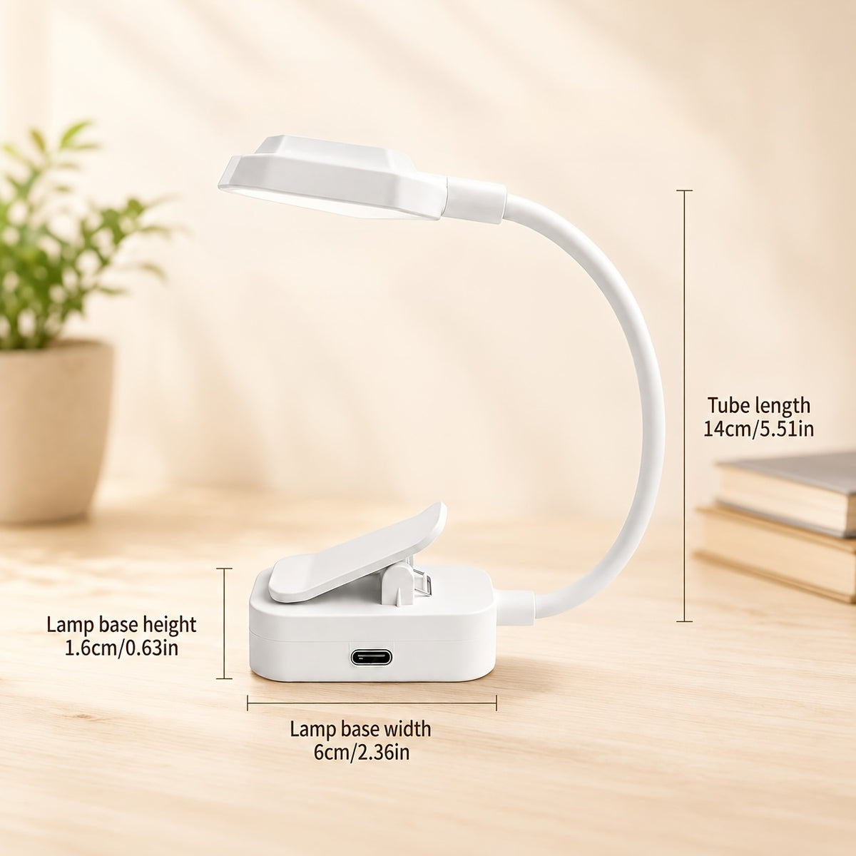 Lampe de lecture à pince blanche, col flexible 14 cm, USB-C