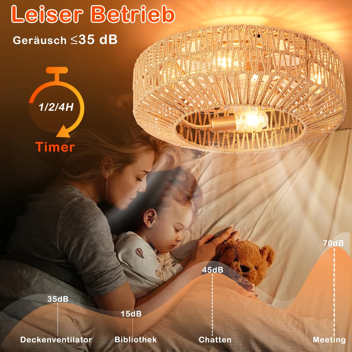 Plafonnier ventilateur en corde tressée Ø 50 cm, télécommande, E27