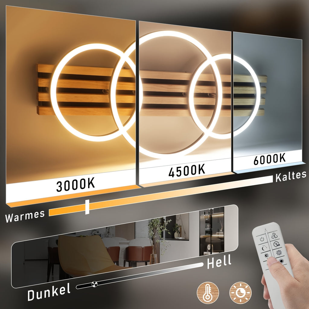 Plafonnier LED en bois à trois anneaux, 70 cm, avec télécommande