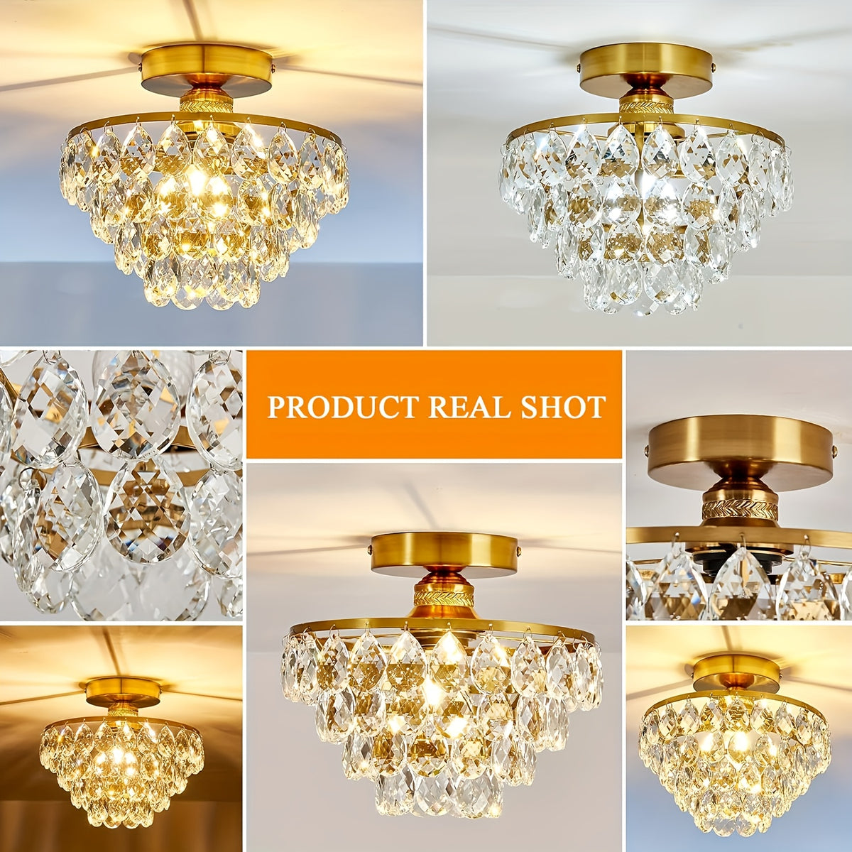 Lustre doré à gouttes de cristal en cascade, Ø 25 cm, douille E27