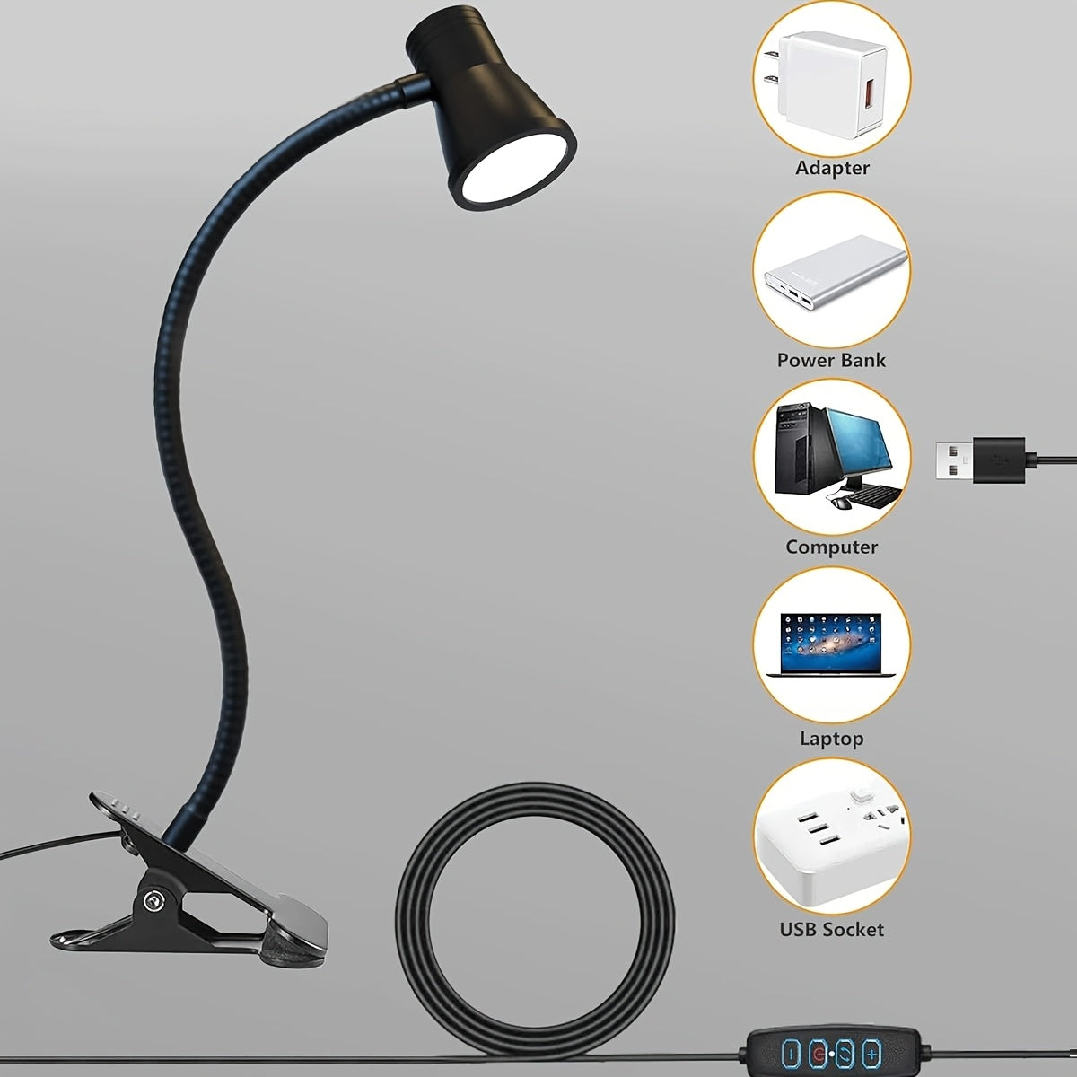 Lampe à pince noire à tête conique, câble de 140 cm, 10 intensités