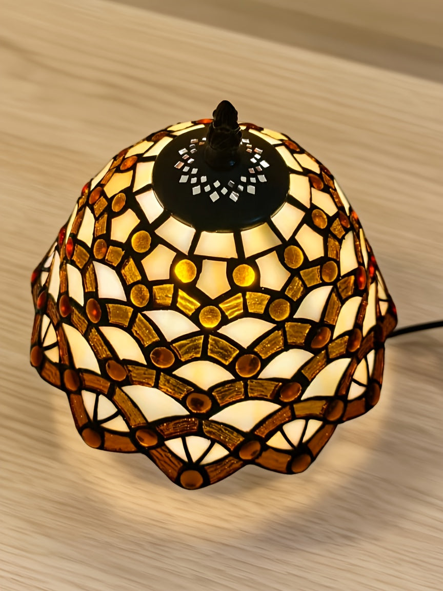 Lampe de table en vitrail ambré et ivoire, pied en résine, E27