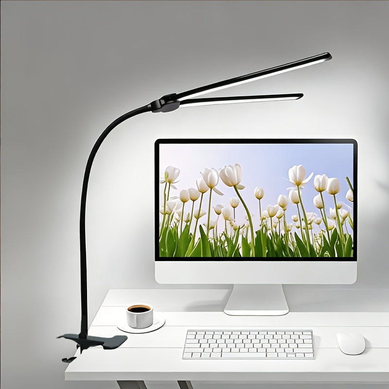 Lampe de bureau à pince double barre noire, interrupteur sur câble