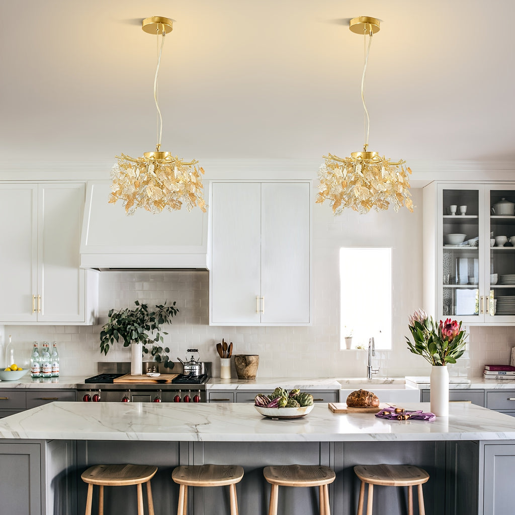 Lustre doré à feuilles d'érable en cristal, Ø 30 cm, douilles G9