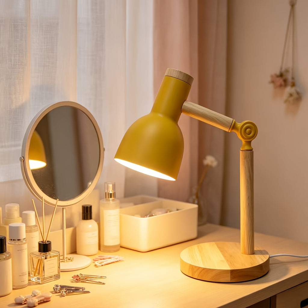 Lampe de chevet articulée jaune moutarde et bois, alimentation USB
