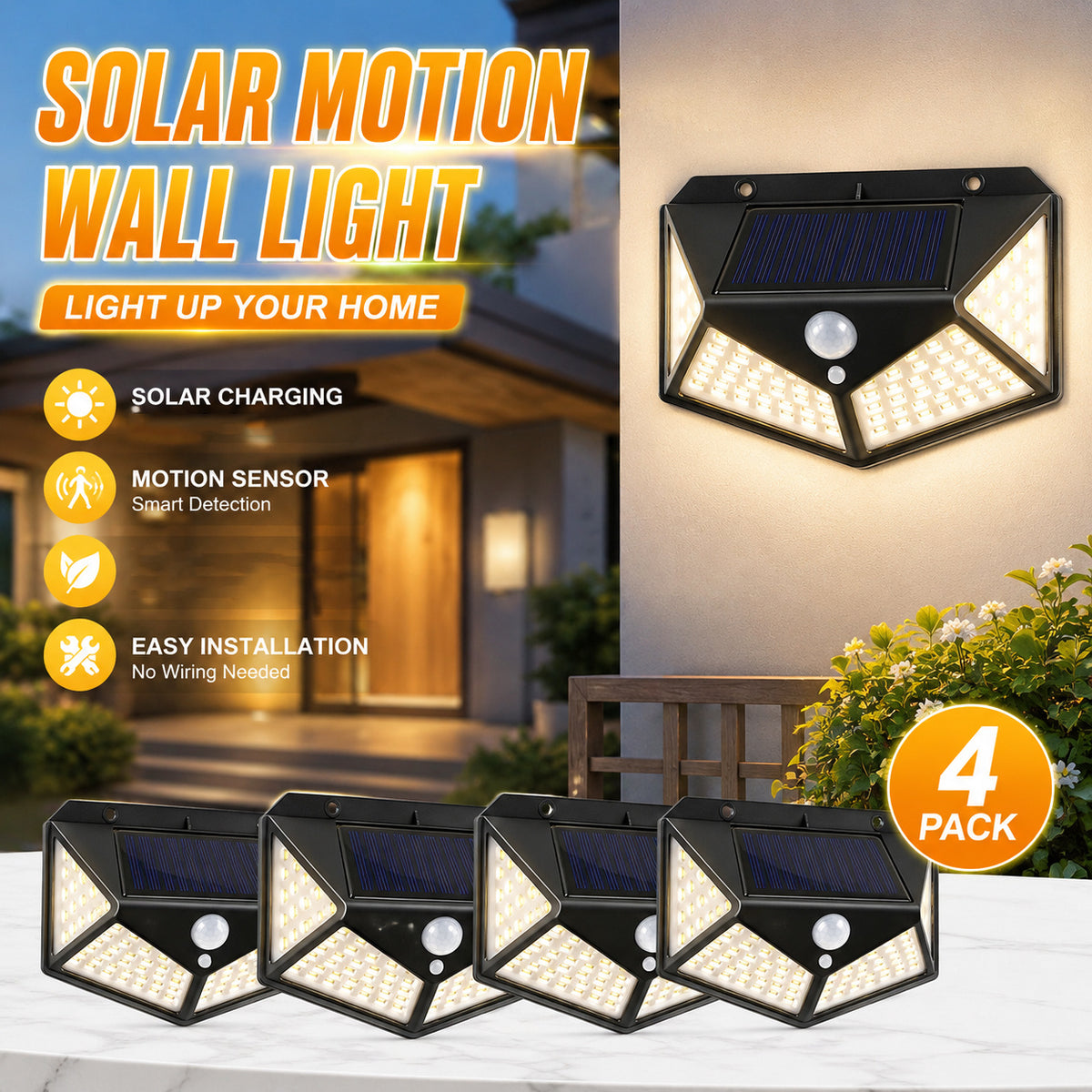 Applique solaire à détecteur 100 LED à pans coupés, lot de 4