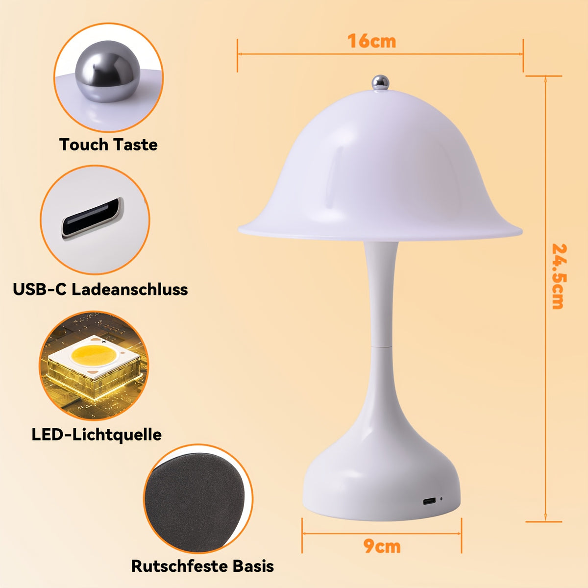 Lot de 2 lampes champignon sans fil blanches, tactiles, 24,5 cm