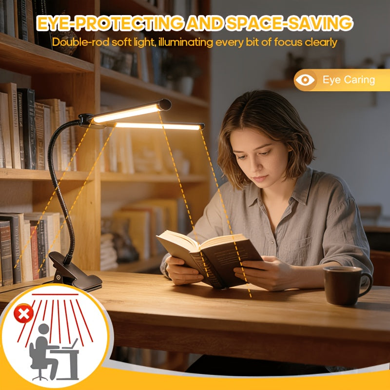 Lampe de bureau à pince double barre LED noire, col de 29 cm