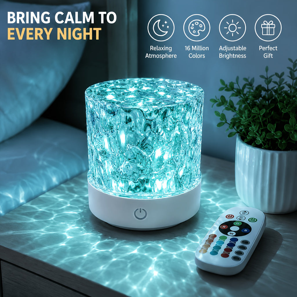 Lampe d'ambiance à reflets d'eau, cylindre ciselé et télécommande
