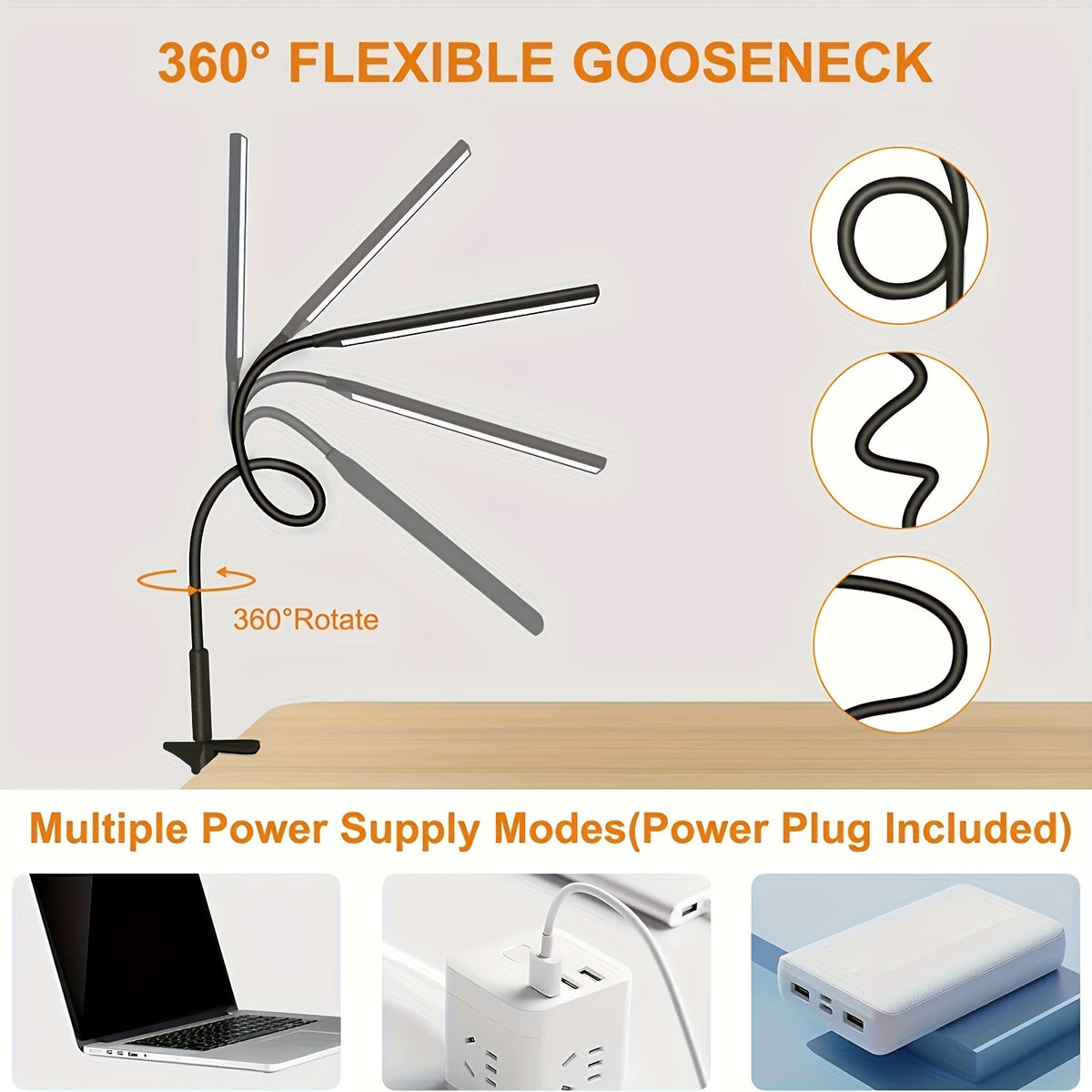 Lampe à pince LED à col de cygne de 32 cm, barre de 25 cm, USB