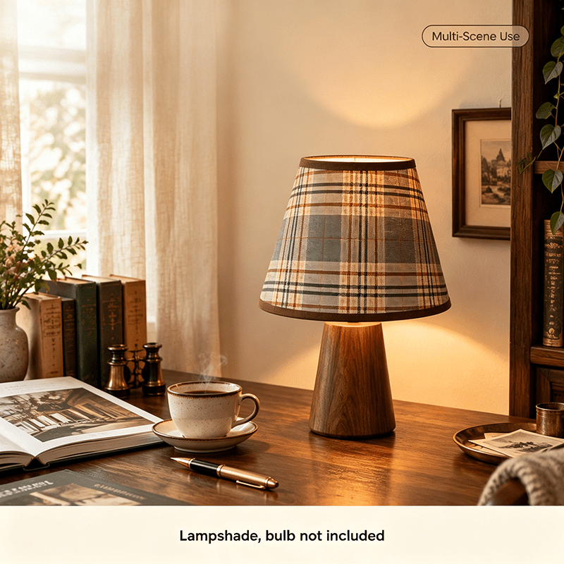 Abat-jour conique tartan gris et rouille, bordure chocolat, Ø 20 cm