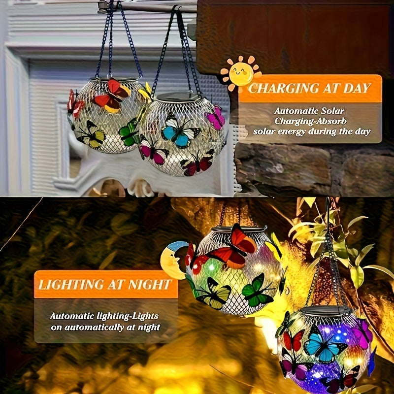 Suspension solaire boule grillagée aux papillons colorés, IP44