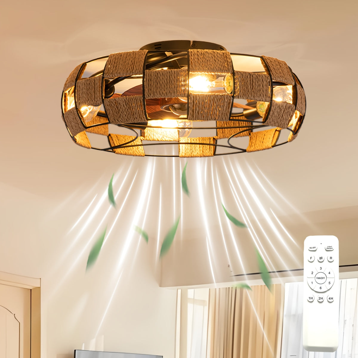 Plafonnier ventilateur cage en métal et corde, 4 douilles, Ø 48 cm