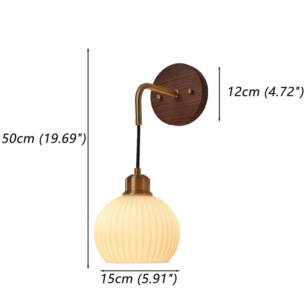 Applique murale suspendue globe en verre côtelé blanc, câble noir