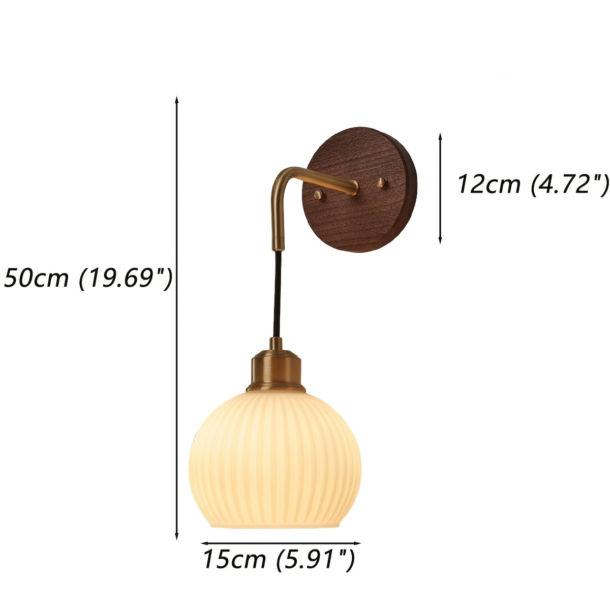 Applique murale suspendue globe en verre côtelé blanc, câble noir