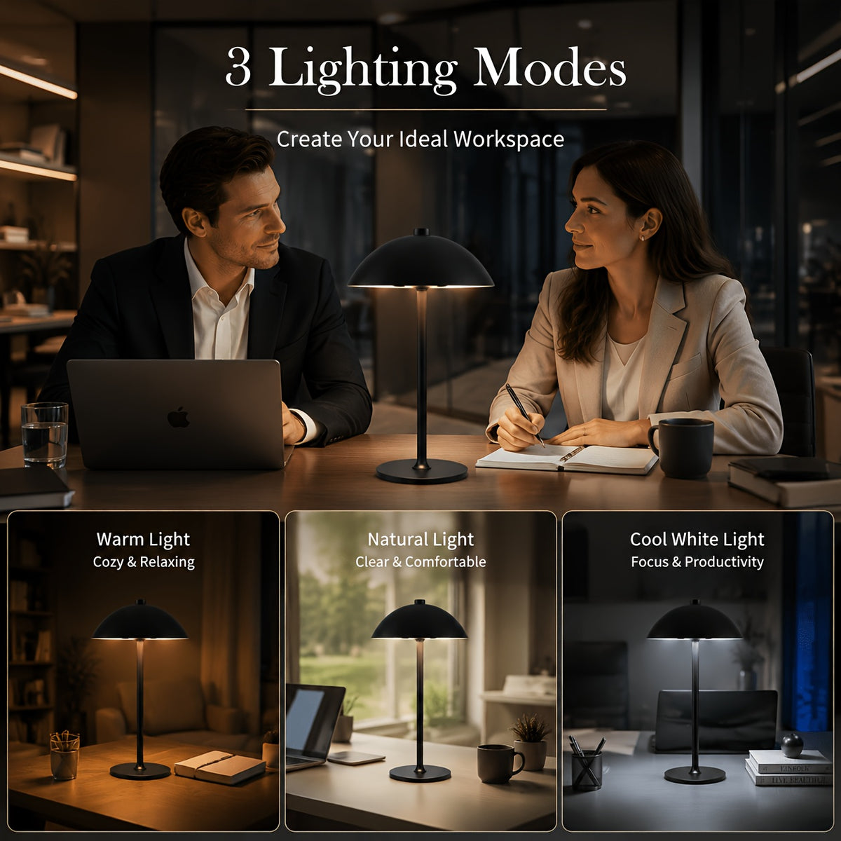 Lot de 4 lampes champignon noires sans fil en métal, tactiles