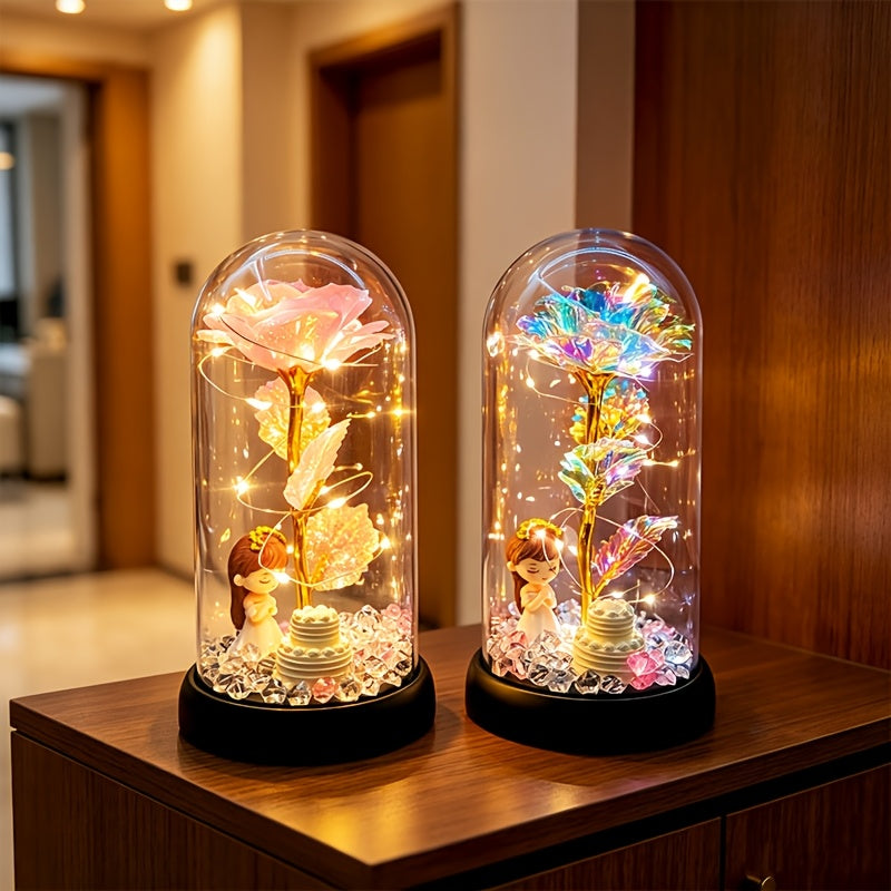 Lampe décorative rose sous cloche, guirlande LED et figurine