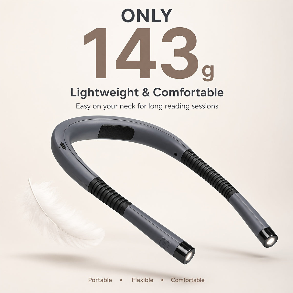 Lampe de lecture tour de cou grise rechargeable USB-C, 143 g