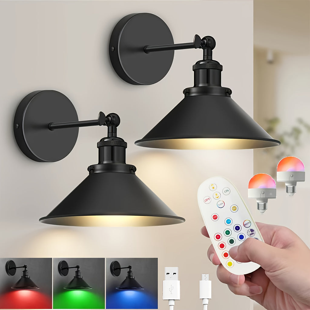 Applique murale industrielle noire orientable, lot de 2 sans fil RVB