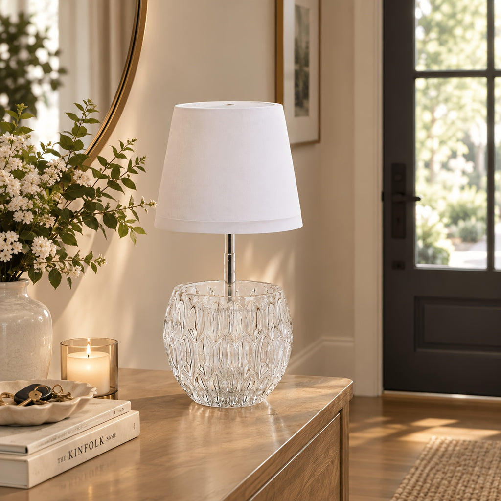 Lampe de table sans fil, pied en verre moulé et abat-jour blanc