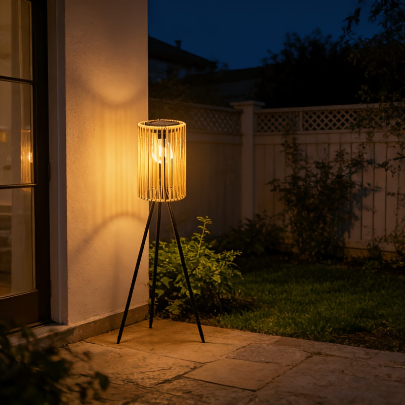 Lampadaire solaire trépied 78 cm, lanterne tressée effet rotin