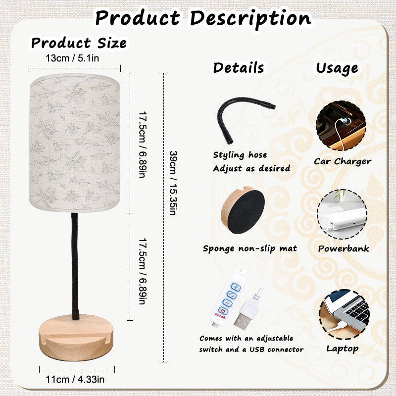 Lampe de chevet col flexible, abat-jour imprimé de brins fleuris gris