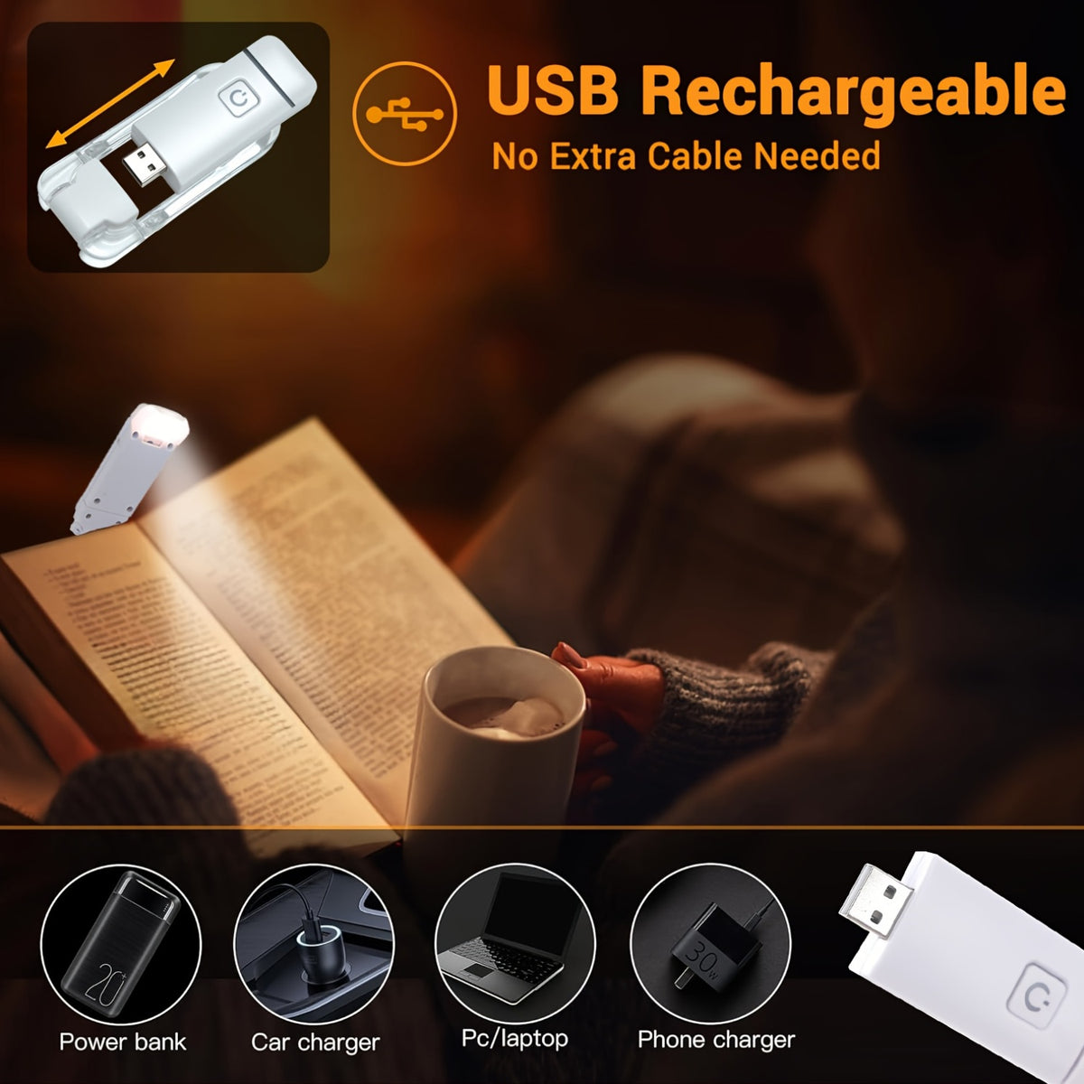 Lampe de lecture à pince à prise USB intégrée, 40 g, quatre coloris