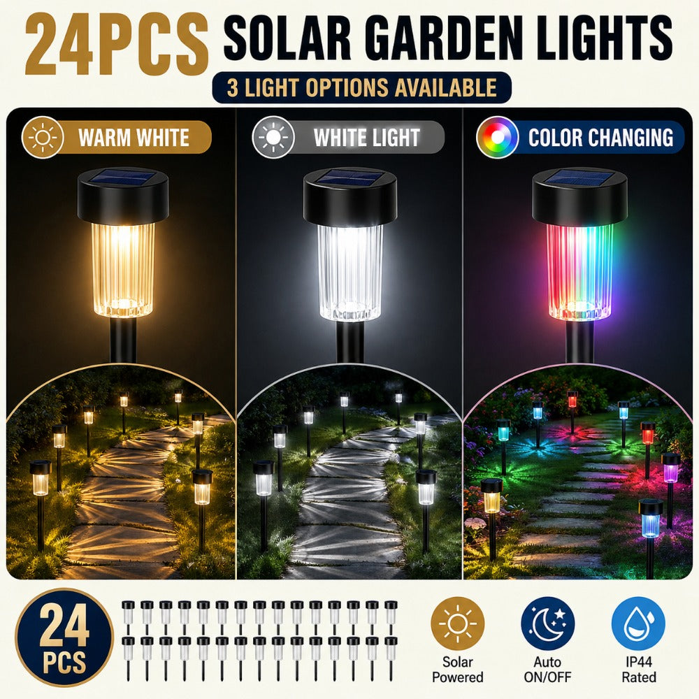 Lot de 24 balises solaires de jardin noires à 3 lumières, IP44