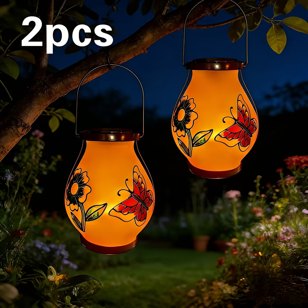 Suspension solaire d'extérieur peinte fleur et papillon, IP44