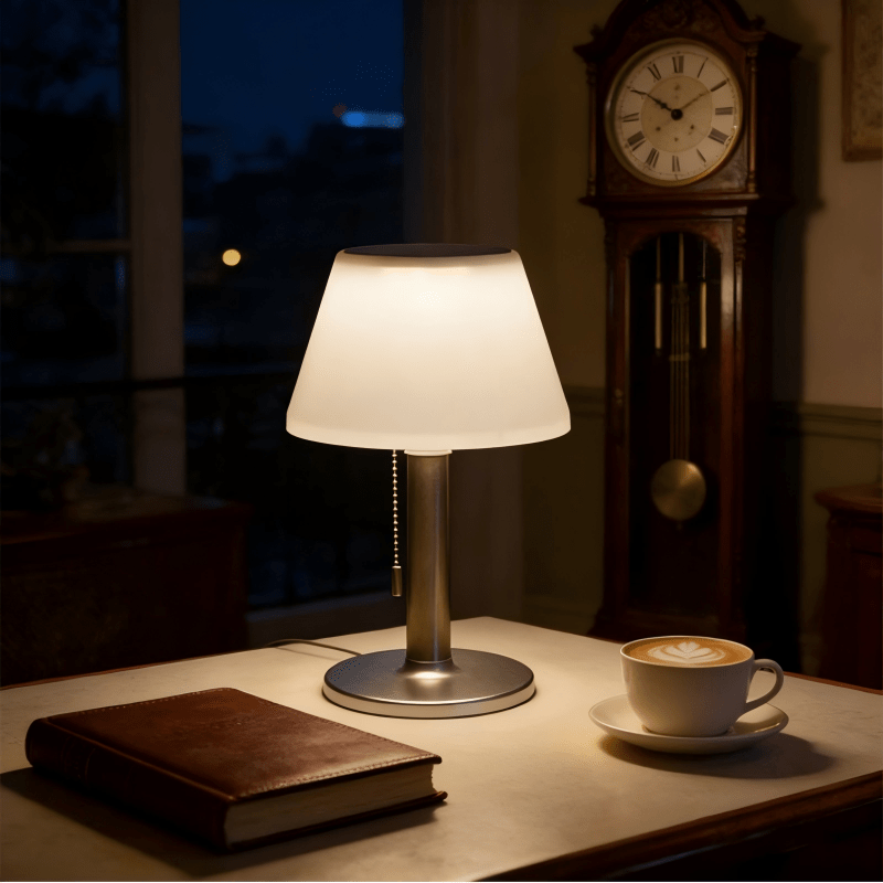Lampe de table solaire abat-jour blanc et pied argenté, IP44