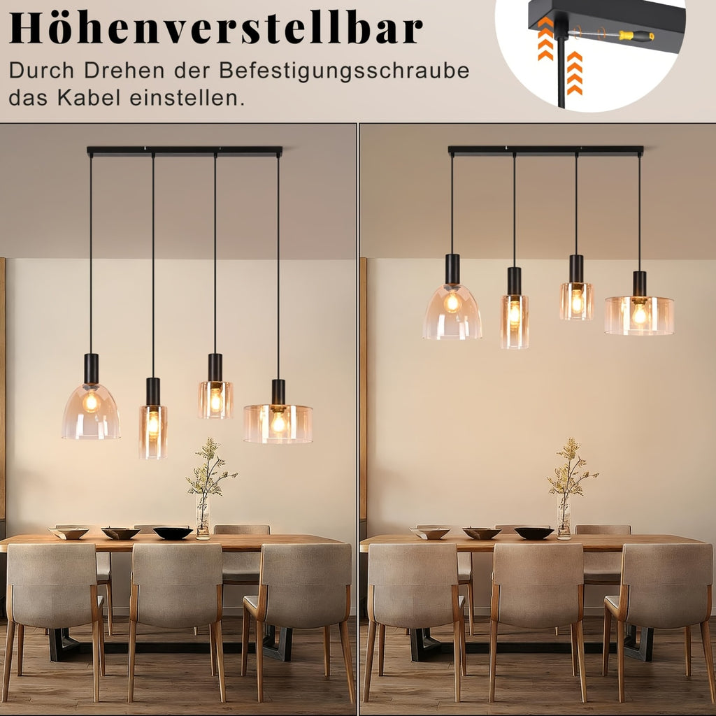 Suspension en verre ambré aux formes mêlées, 3 ou 4 lumières, E27
