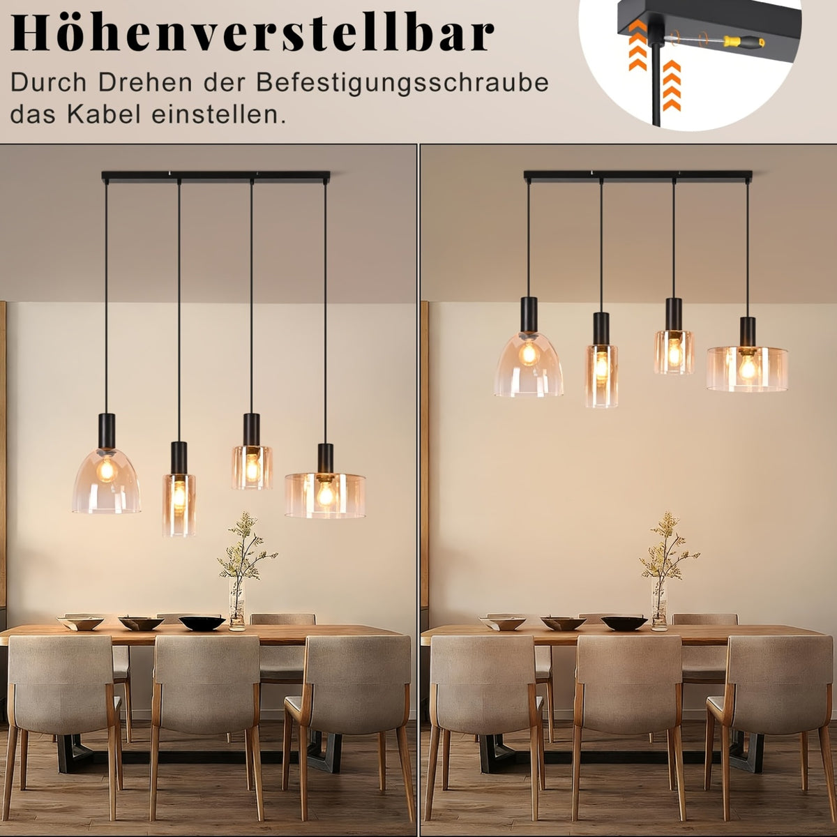 Suspension en verre ambré aux formes mêlées, 3 ou 4 lumières, E27
