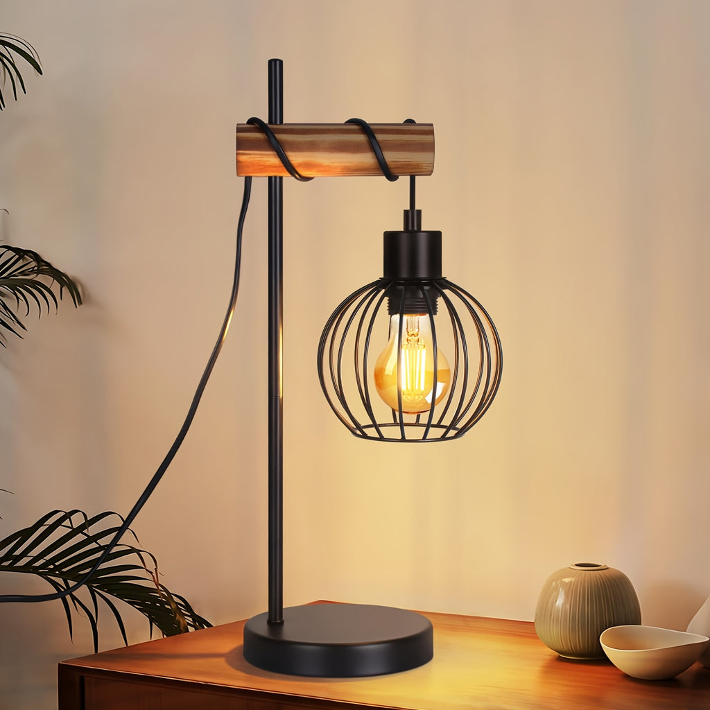 Lampe de table industrielle à cage suspendue, métal noir et bois